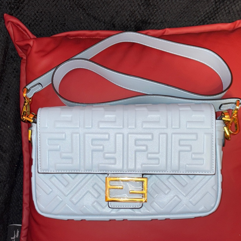 Blue “F” Embossed Shoulder Bag with Gold Accents